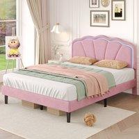 BTM Velvet Upholstered Bed with LED Adjustable Shell Shape Headboard in Pink | Size: Single