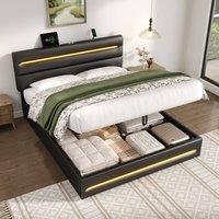 BTM LED Ottoman Bed with Hydraulic Storage & Charging Station, Black | Size: Double