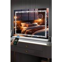 Fascinate Hollywood Vanity Makeup Mirror Crushed Diamond Strip LED Dimmable Bluetooth 80X60 Gift in White
