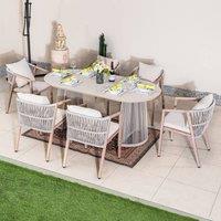 Direct Wicker Garden Iron Woven Oval Dining Table Set with Six Chairs for Patio in Beige | Size: 6 Person