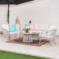 Direct Wicker Outdoor Iron Woven Conversation Sofa Set with Wood Grain Coffee Table in Grey | Size: 4 Person