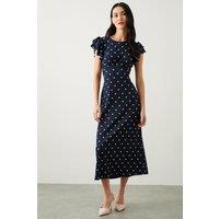 Dorothy Perkins Women's Navy Spot Print Ruffle Sleeve Empire Jersey Midi Dress | Size: 18