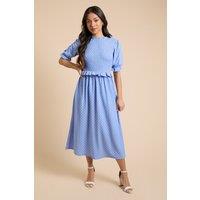 Dorothy Perkins Women's Petite Puff Sleeve Blue Spot Shirred Bodice Peplum Midi Dress | Size: 6