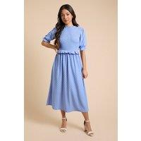 Dorothy Perkins Women's Petite Puff Sleeve Blue Spot Shirred Bodice Peplum Midi Dress | Size: 14