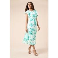 Dorothy Perkins Women's Petite Green Floral Frill Sleeve Belt Detail Mesh Jersey Midi Dress | Size: 14