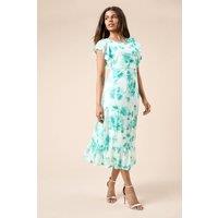 Dorothy Perkins Women's Petite Green Floral Frill Sleeve Belt Detail Mesh Jersey Midi Dress | Size: 16