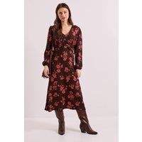 Dorothy Perkins Women's Burgundy Floral V Neck Empire Seam Blouson Sleeve Jersey Midi Dress | Size: 14
