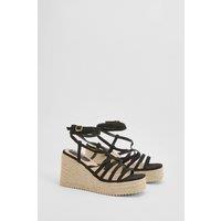Faith Women's : Sandy Faux Suede Strappy Open Toe Espadrille Wedge Sandals in Natural Black | Size: 6