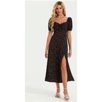 FS Collection Women's Puff Sleeve Heart Neckline Midi Dress In Black | Size: Medium