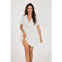 FS Collection Women's Polka Dot V-Neck Mini Dress with Shirred Waist in White | Size: Medium