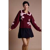 Neon Rose Women's Flower Intarsia Collared Cardigan in Burgundy | Size: XS