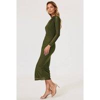 FS Collection Women's Ruched Mesh Long Sleeve Midi Dress in Olive | Size: XS