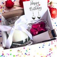 Aye Do Gifts Women's Small Happy Birthday Gift Hamper | Heart Earrings, Chocolates & Candle in Silver