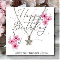 Aye Do Gifts Women's Happy Birthday Pink Flowers Card & Dahlia Flower Necklace in Silver | Size: 16 inches