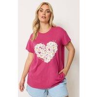 Yours Women's Daisy Heart Print T-Shirt in Dark Pink | Size: 22-24