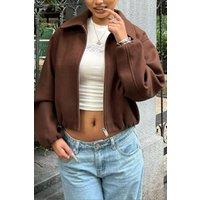 OUTTA BOX Women's Tweed Coat Lapel Long Sleeve with Pockets in Brown | Size: XL