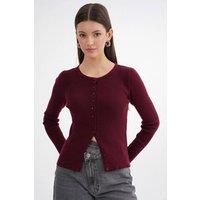 MixRay Women's Buttoned Slim Fit Ribbed Knit Cardigan in Burgundy | Size: Large