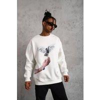 Janes Men's Oversized Printed Crew Neck Fleece Sweatshirt in White | Size: Medium