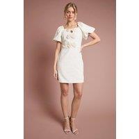 Oasis Women's Pearl Embellished Crepe Bow Down Puff Sleeve Mini Dress in Ivory | Size: 14