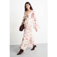 Warehouse Women's Chiffon Bohemian Button Through Floral Maxi Dress in Cream | Size: 12
