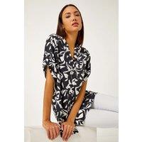 Roman Women's Abstract Print Dipped Hem Shirt in Black | Size: 10