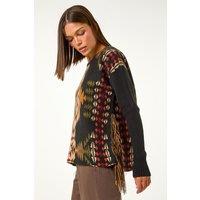 Roman Women's Tribal Pattern Fringe Jumper in Black | Size: 14