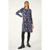 Roman Women's Floral Print Swing Stretch Midi Dress in Navy | Size: 12