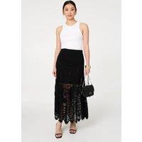 Izabel London Women's Floral Crochet Mesh Layered Maxi Skirt in Black | Size: Medium/Large