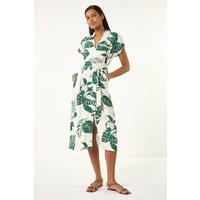 Roman Women's Leaf Print Belted Shirt Midi Dress in Green | Size: 20