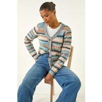 Roman Women's Stripe Buttoned Cable Knit Cardigan in Light Blue | Size: 18