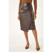 Roman Women's Faux Leather Ruched Wrap Skirt in Chocolate | Size: 20