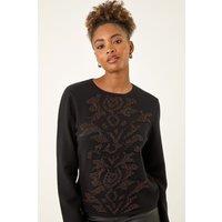 Roman Women's Glitter Embossed Knit Top in Black | Size: 20