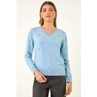 Roman Women's V-Neck Flower Hotfix Jumper in Light Blue | Size: 14