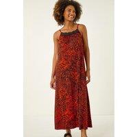 Roman Women's Abstract Print Trim Detail Midi Dress in Red | Size: 16