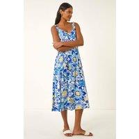 Roman Women's Floral Print Strap Detail Midi Dress in Blue | Size: 12