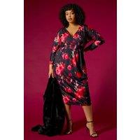 Roman Women's Curve Floral Print Mesh Midi Dress in Red | Size: 18