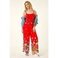 Roman Women's Floral Border Print Shirred Jumpsuit in Red | Size: 14