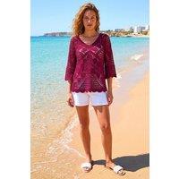 Roman Women's Crochet Lace V-Neck Open Knit in Maroon | Size: 14