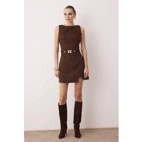 WOVCOR Women's Belted Textured Mini Dress with Asymmetric Hem Detail in Brown | Size: 6