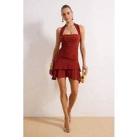 WOVCOR Women's Halterneck Ruched Mini Dress with Tiered Flared Hem in Terracotta | Size: 14
