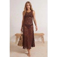 WOVCOR Women's Knitted Maxi Beach Dress with Sheer Crochet Detail in Dark Brown | Size: S/M