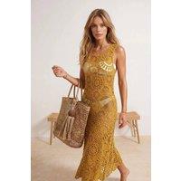 WOVCOR Women's Knitted Maxi Beach Dress with Sheer Crochet Detail in Olive | Size: Large/XL