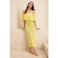 WOVCOR Women's Knitted Bardot Maxi Beach Dress with Crochet Detail in Yellow | Size: XS