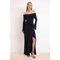 WOVCOR Women's Bardot Split Detail Long Sleeve Maxi Evening Dress in Black | Size: 6