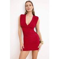 WOVCOR Women's Draped V Neck Bodycon Mini Dress with Ruched Detail in Red | Size: 6