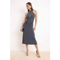 WOVCOR Women's Halterneck Ruched Midi Dress with Chain Hardware Detail in Charcoal | Size: 8
