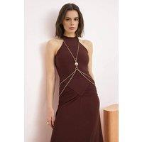 WOVCOR Women's Halterneck Ruched Midi Dress with Chain Hardware Detail in Brown | Size: 10