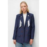 MixRay Women's Linen Blazer Jacket with Scarf Detail in Navy | Size: Large