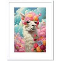 Artery8 Wall Art Print Head in the Clouds Conceptual Artwork Fabulous Carefree Llama with Rose Flower Headband Kids Room Artwork Framed 9X7 Inch