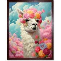 Artery8 Wall Art Print Head in the Clouds Conceptual Artwork Fabulous Carefree Llama with Rose Flower Headband Kids Room Art Framed